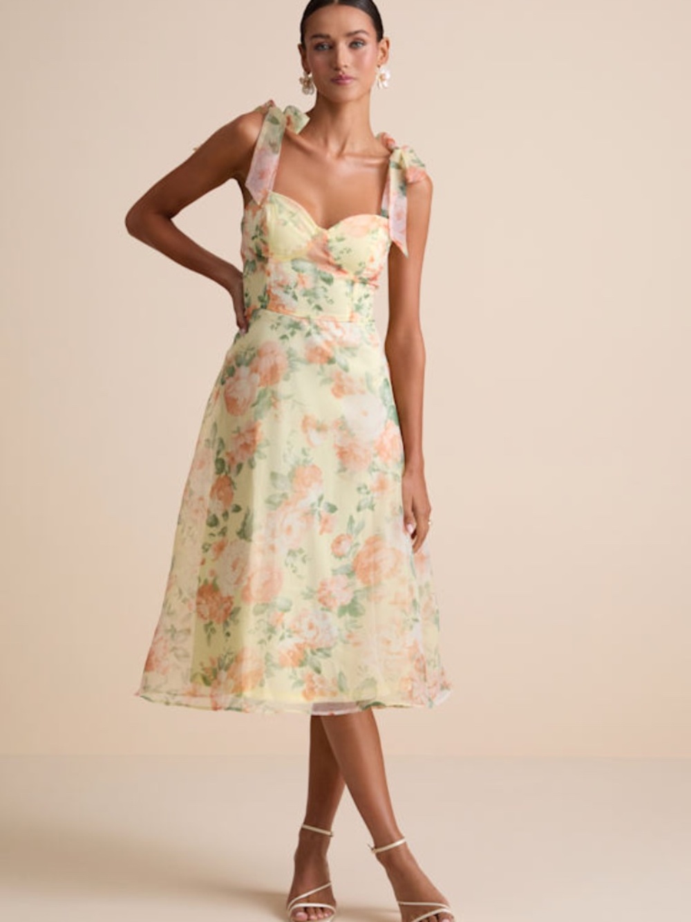 Lulus Olesya Light Yellow Floral Tie-strap Midi Dress - Size M